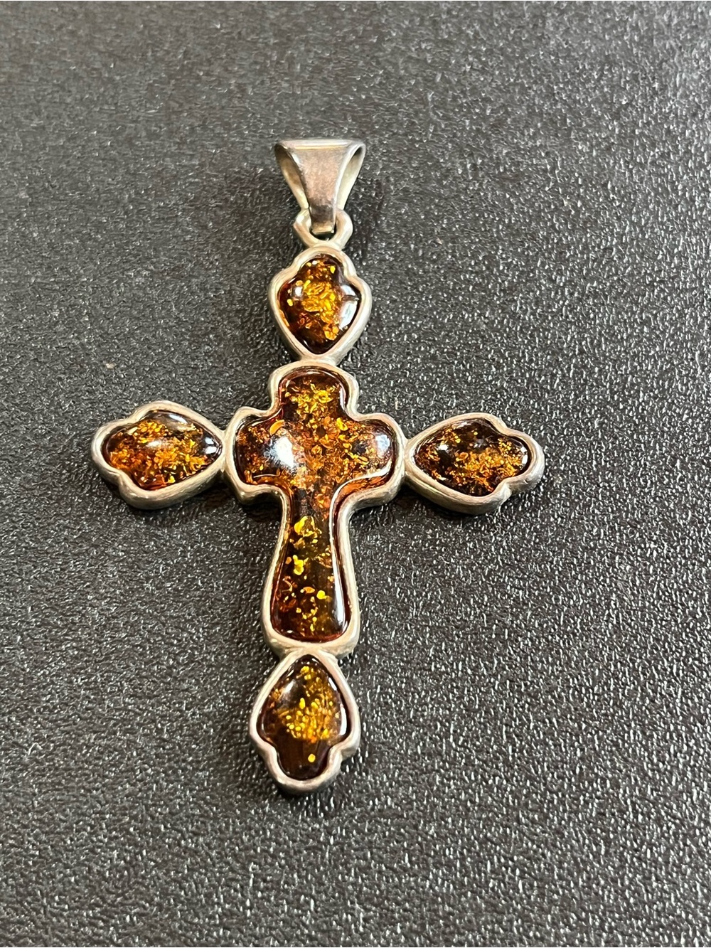 Sterling silver and Amber cross pendant. Religious. Fashion. Nice size.